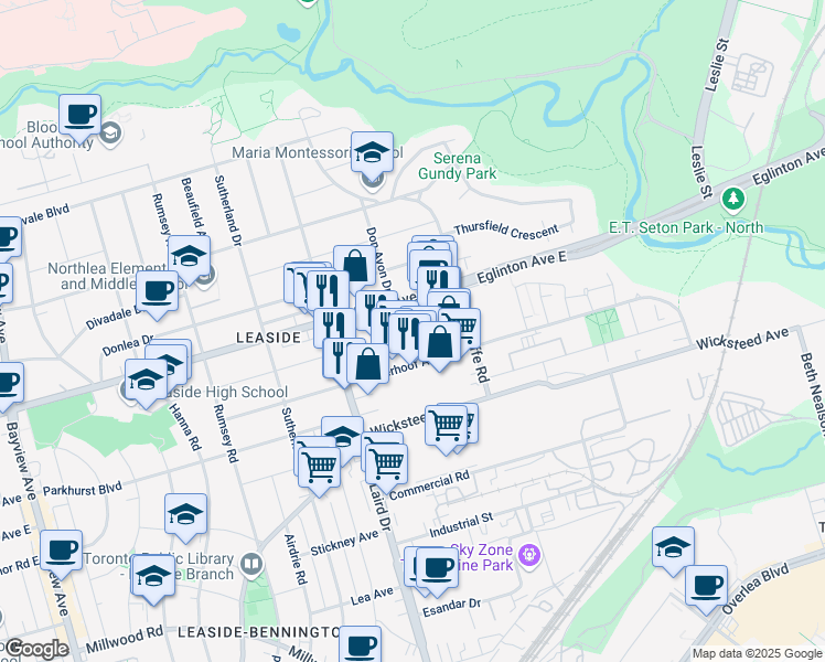 map of restaurants, bars, coffee shops, grocery stores, and more near 845 Eglinton Avenue East in Toronto