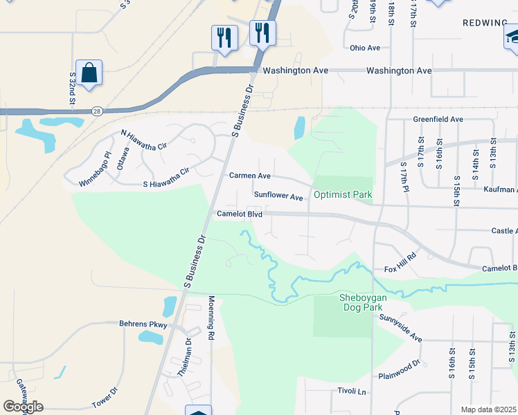 map of restaurants, bars, coffee shops, grocery stores, and more near 2501 Camelot Boulevard in Sheboygan