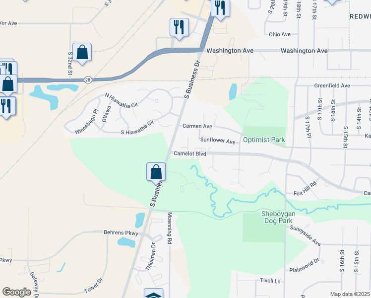 map of restaurants, bars, coffee shops, grocery stores, and more near 2617 Camelot Boulevard in Sheboygan
