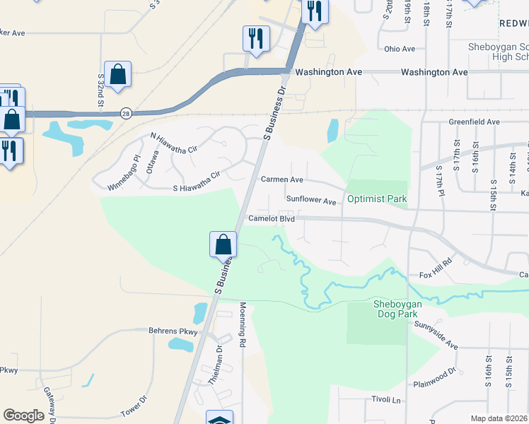 map of restaurants, bars, coffee shops, grocery stores, and more near 2617 Camelot Boulevard in Sheboygan