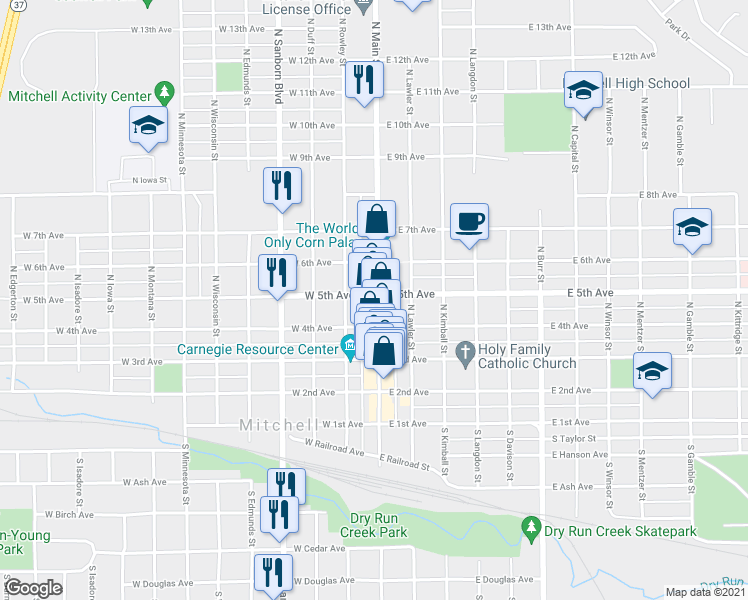 map of restaurants, bars, coffee shops, grocery stores, and more near 417 North Main Street in Mitchell