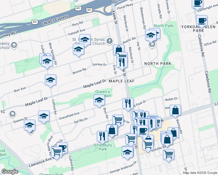 map of restaurants, bars, coffee shops, grocery stores, and more near 54 Donofree Road in Toronto