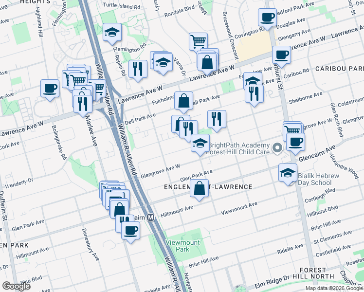 map of restaurants, bars, coffee shops, grocery stores, and more near 606 Coldstream Avenue in Toronto