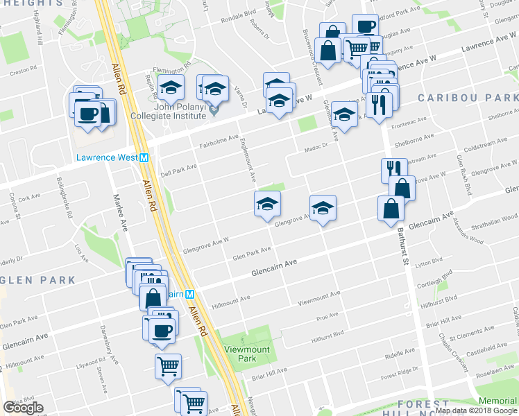 map of restaurants, bars, coffee shops, grocery stores, and more near 594 Coldstream Avenue in Toronto