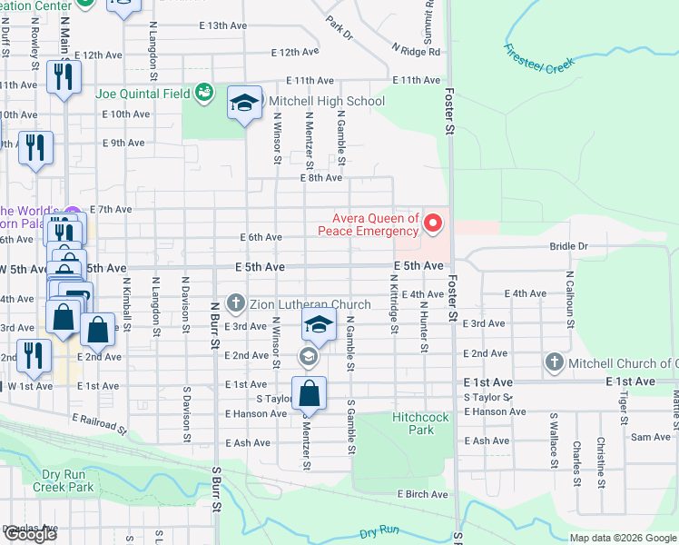 map of restaurants, bars, coffee shops, grocery stores, and more near 900-998 East 4th Avenue in Mitchell