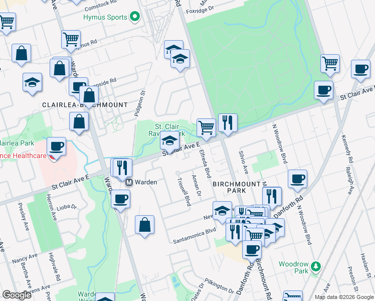 map of restaurants, bars, coffee shops, grocery stores, and more near in Toronto