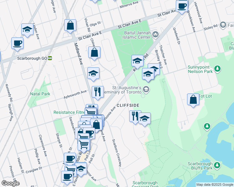 map of restaurants, bars, coffee shops, grocery stores, and more near in Toronto