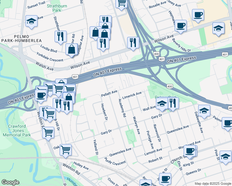 map of restaurants, bars, coffee shops, grocery stores, and more near in Toronto