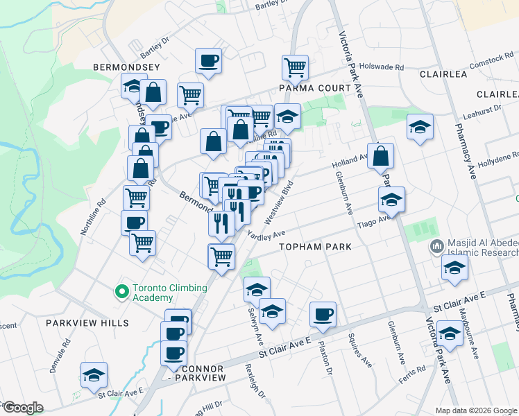 map of restaurants, bars, coffee shops, grocery stores, and more near 1479 O'Connor Drive in Toronto