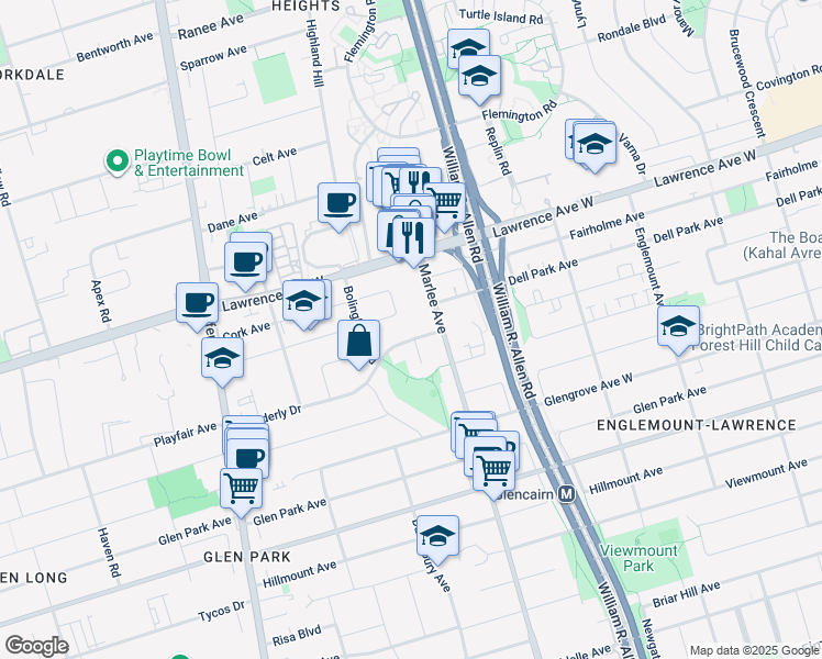 map of restaurants, bars, coffee shops, grocery stores, and more near 102 Wenderly Drive in Toronto