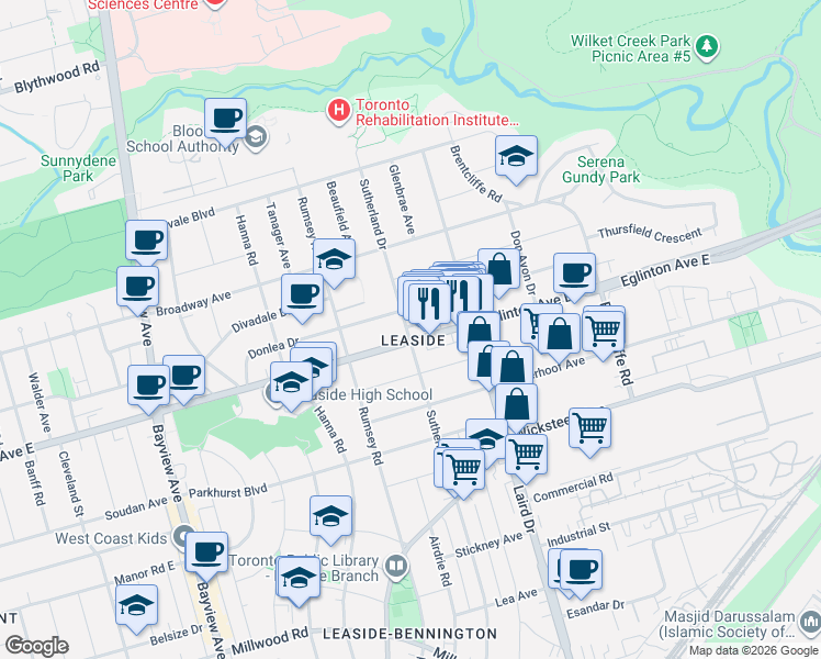 map of restaurants, bars, coffee shops, grocery stores, and more near 421 Sutherland Drive in Toronto