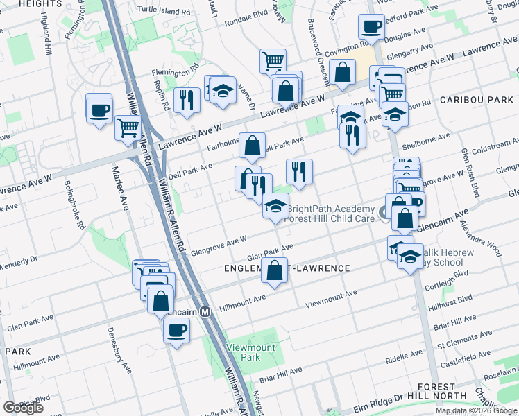 map of restaurants, bars, coffee shops, grocery stores, and more near 594 Coldstream Avenue in Toronto