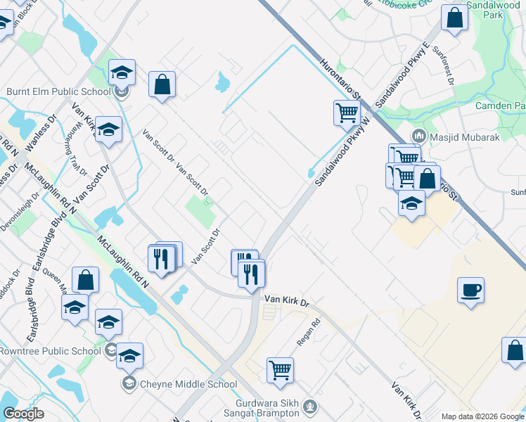 map of restaurants, bars, coffee shops, grocery stores, and more near 168 Twin Pines Crescent in Brampton
