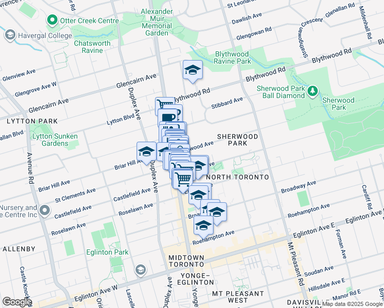 map of restaurants, bars, coffee shops, grocery stores, and more near 21 Sherwood Avenue in Toronto