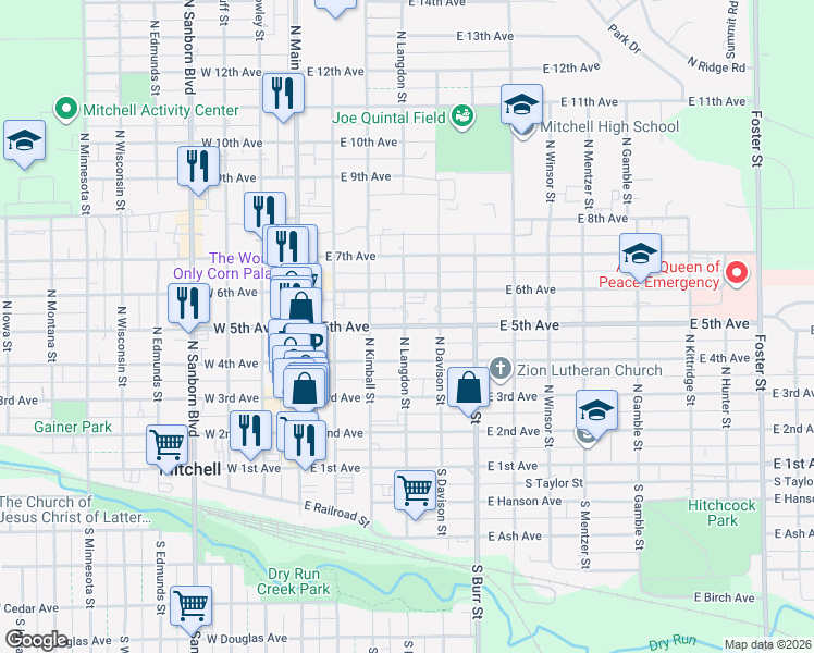 map of restaurants, bars, coffee shops, grocery stores, and more near 409 East 5th Avenue in Mitchell