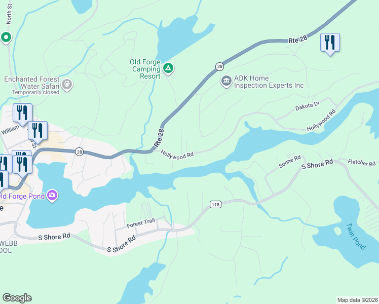 map of restaurants, bars, coffee shops, grocery stores, and more near 142 Hollywood Road in Old Forge
