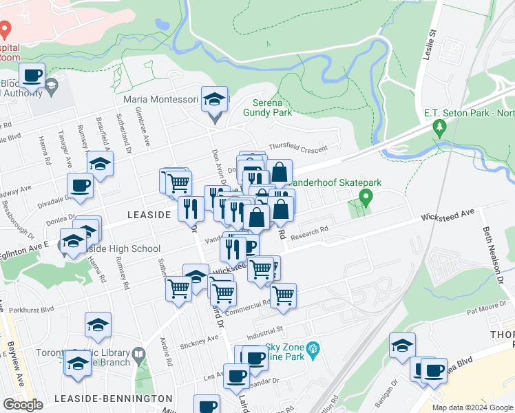 map of restaurants, bars, coffee shops, grocery stores, and more near 100 Vanderhoof Avenue in Toronto