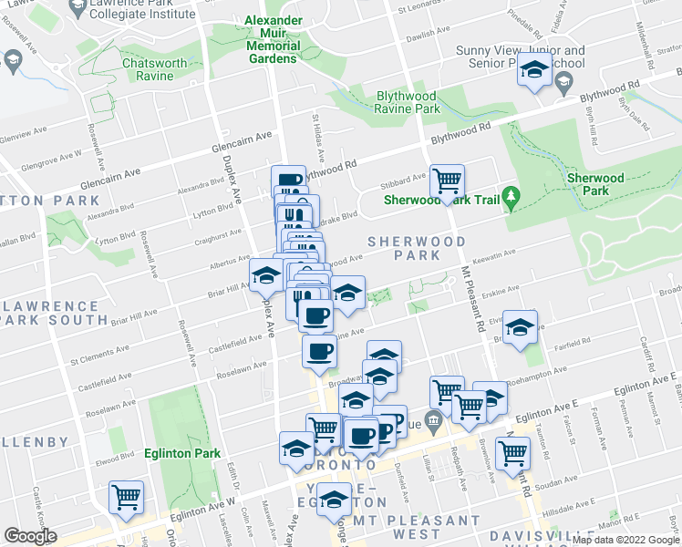 map of restaurants, bars, coffee shops, grocery stores, and more near in Toronto