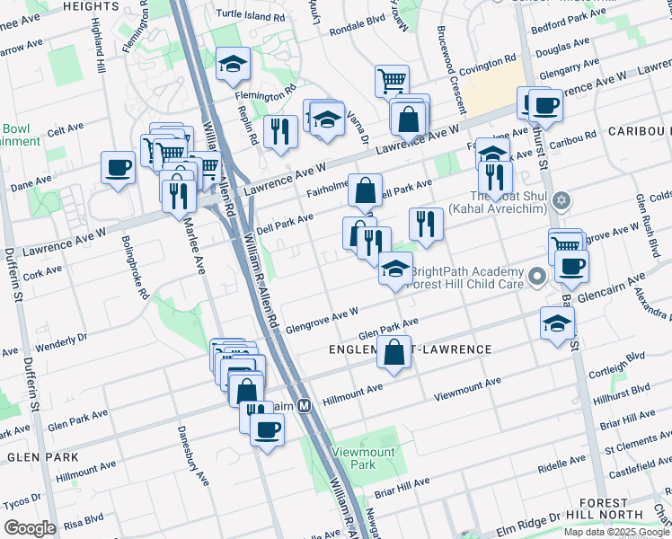 map of restaurants, bars, coffee shops, grocery stores, and more near in Toronto