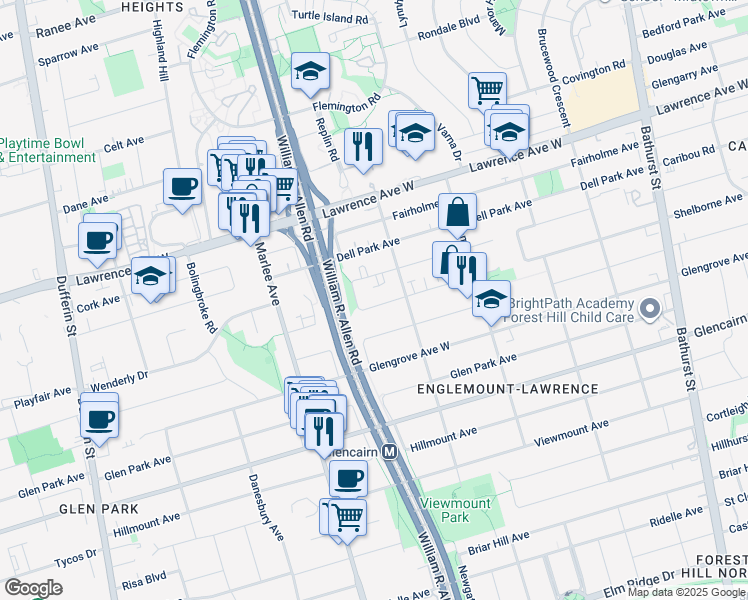 map of restaurants, bars, coffee shops, grocery stores, and more near in Toronto