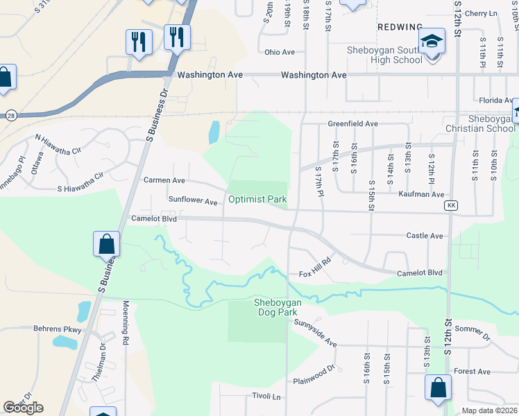 map of restaurants, bars, coffee shops, grocery stores, and more near 1914 Camelot Boulevard in Sheboygan