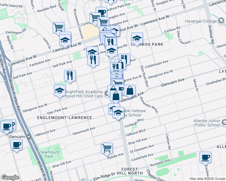 map of restaurants, bars, coffee shops, grocery stores, and more near 2828 Bathurst Street in Toronto