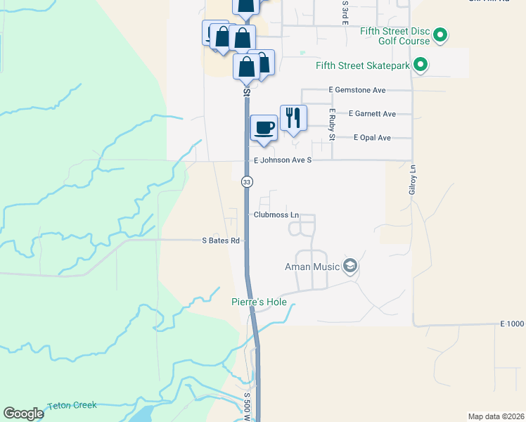 map of restaurants, bars, coffee shops, grocery stores, and more near 424 Clubmoss Lane in Driggs