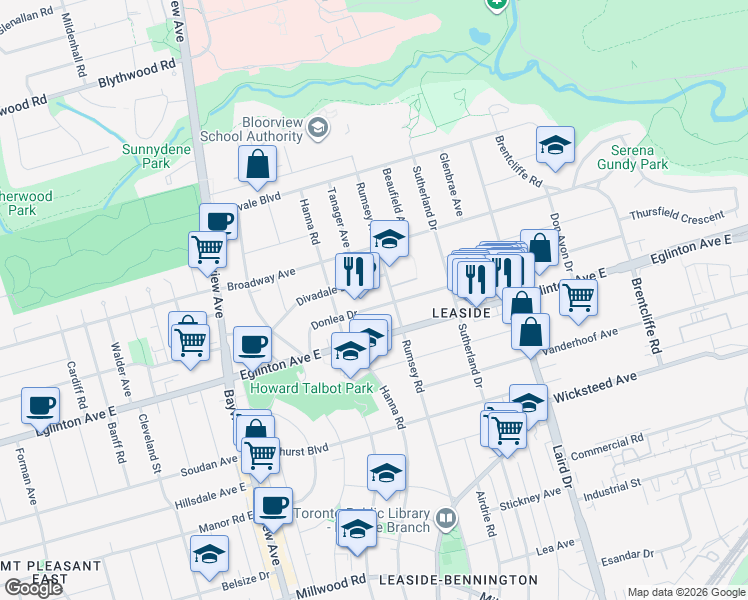 map of restaurants, bars, coffee shops, grocery stores, and more near 56 Donlea Drive in Toronto