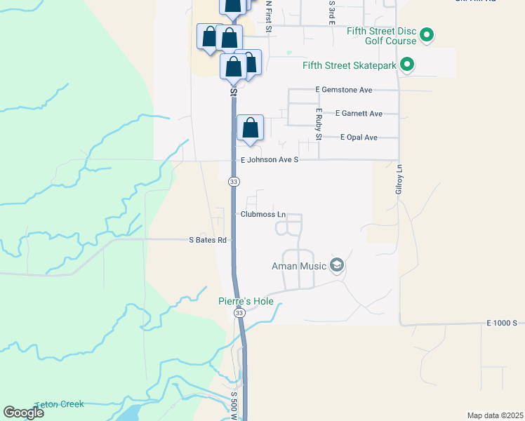 map of restaurants, bars, coffee shops, grocery stores, and more near 424 Clubmoss Lane in Driggs