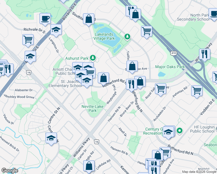 map of restaurants, bars, coffee shops, grocery stores, and more near 80 Stephensen Court in Brampton