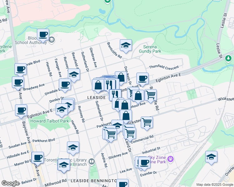 map of restaurants, bars, coffee shops, grocery stores, and more near 815 Eglinton Avenue East in Toronto