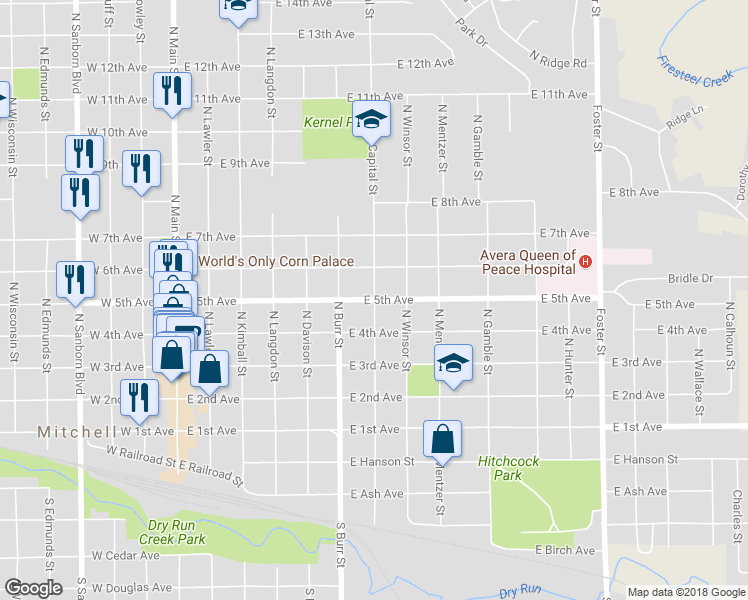 map of restaurants, bars, coffee shops, grocery stores, and more near 499 North Capital Street in Mitchell