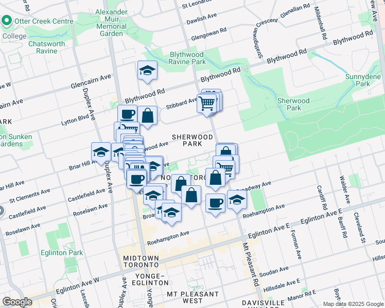 map of restaurants, bars, coffee shops, grocery stores, and more near 174 Keewatin Avenue in Toronto