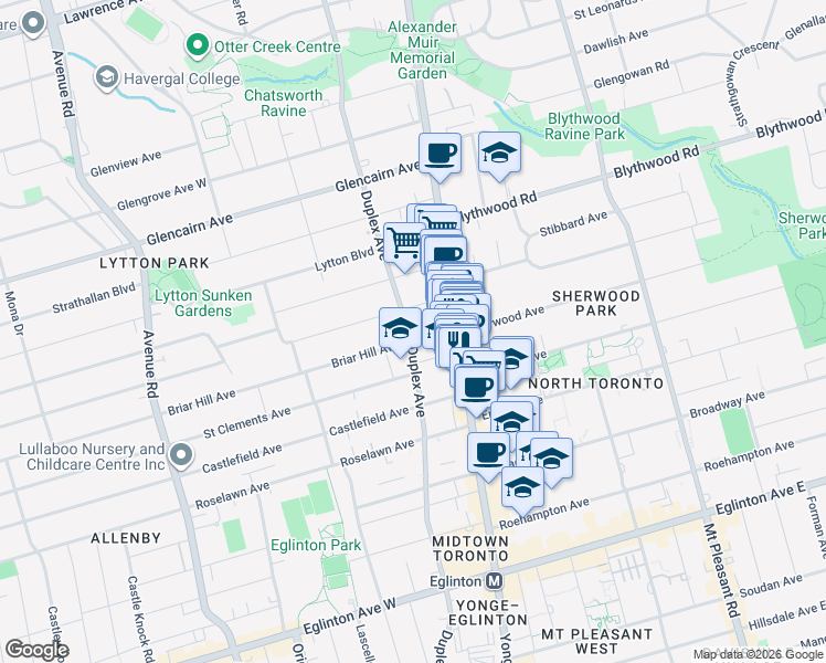 map of restaurants, bars, coffee shops, grocery stores, and more near 52 Briar Hill Avenue in Toronto