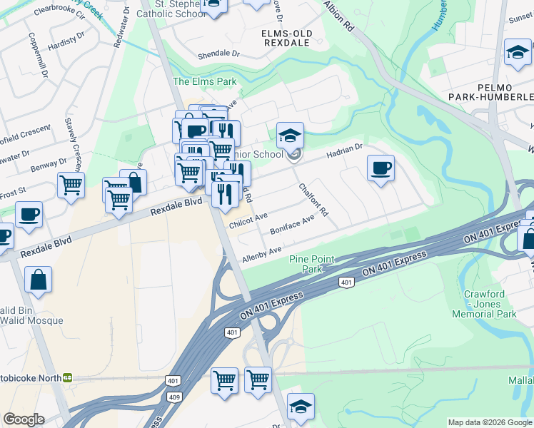 map of restaurants, bars, coffee shops, grocery stores, and more near Chilcot Avenue in Toronto