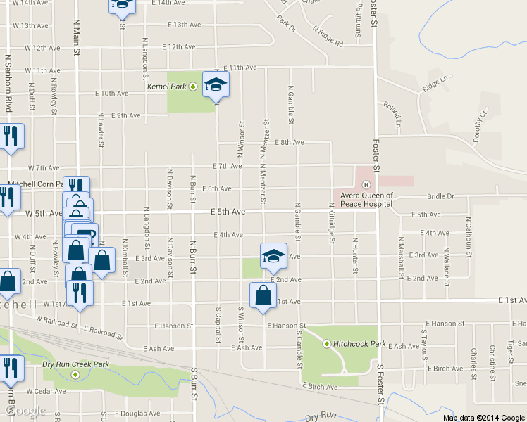 map of restaurants, bars, coffee shops, grocery stores, and more near East 5th Avenue in Mitchell