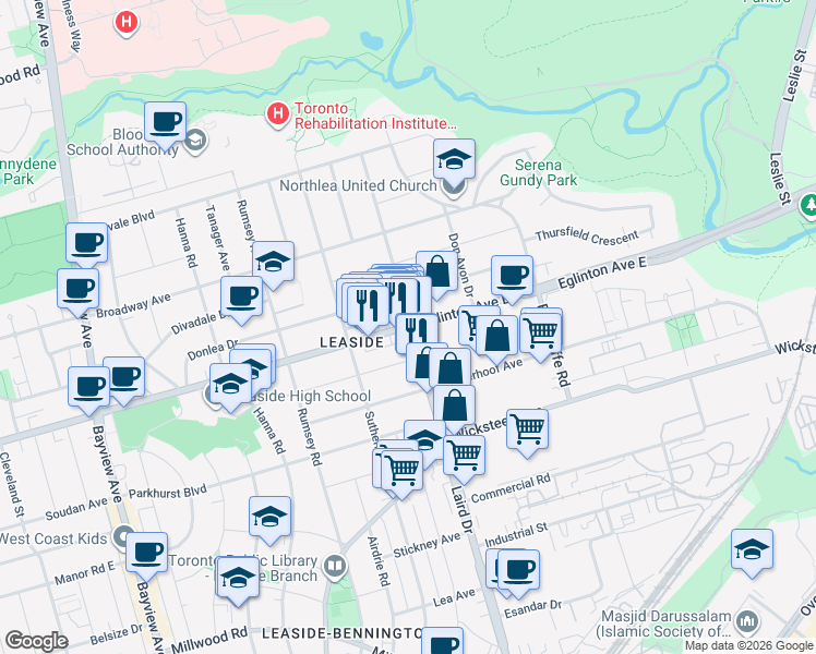map of restaurants, bars, coffee shops, grocery stores, and more near 878 Eglinton Avenue East in Toronto