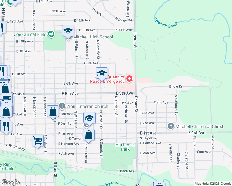 map of restaurants, bars, coffee shops, grocery stores, and more near 500 North Kittridge Street in Mitchell