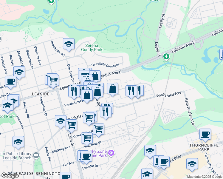 map of restaurants, bars, coffee shops, grocery stores, and more near 130 Vanderhoof Avenue in Toronto