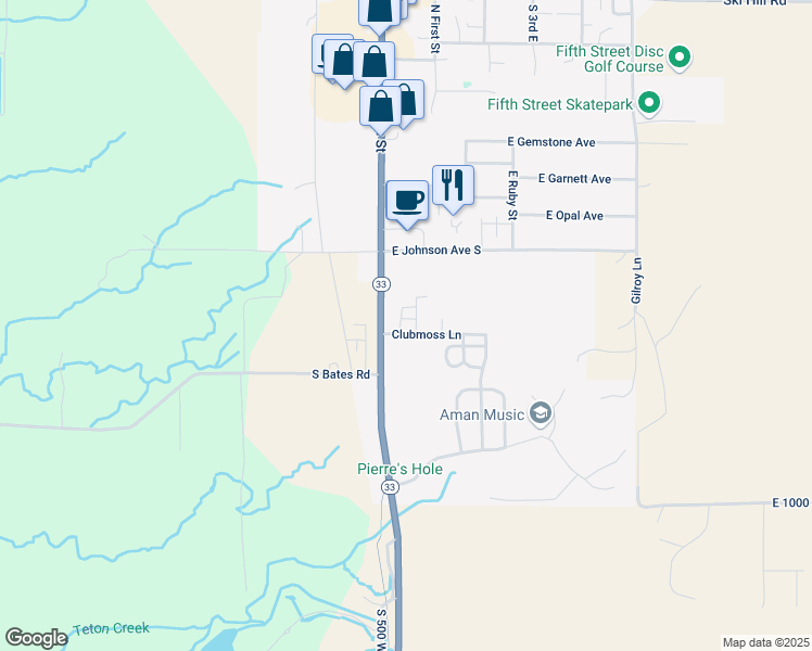 map of restaurants, bars, coffee shops, grocery stores, and more near 424 Clubmoss Lane in Driggs