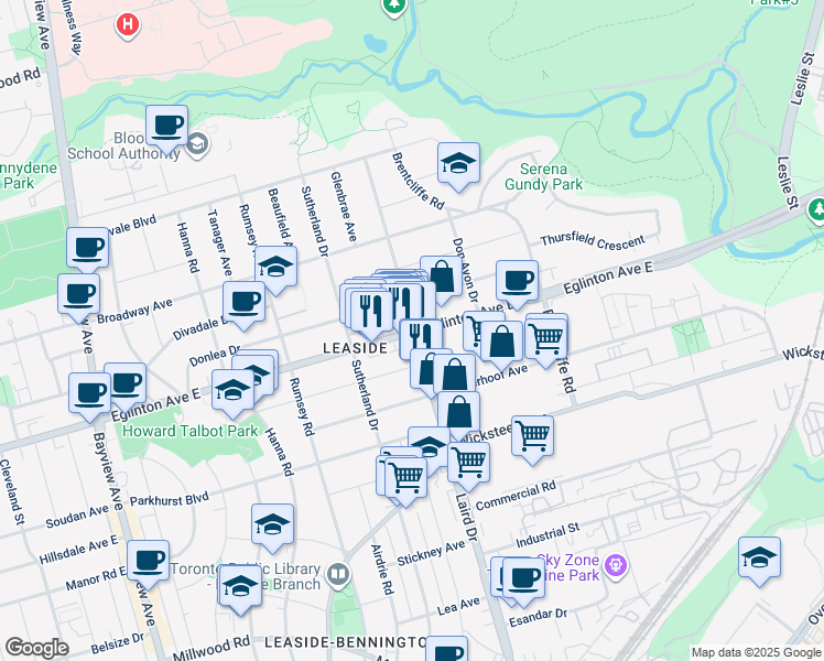map of restaurants, bars, coffee shops, grocery stores, and more near in Toronto