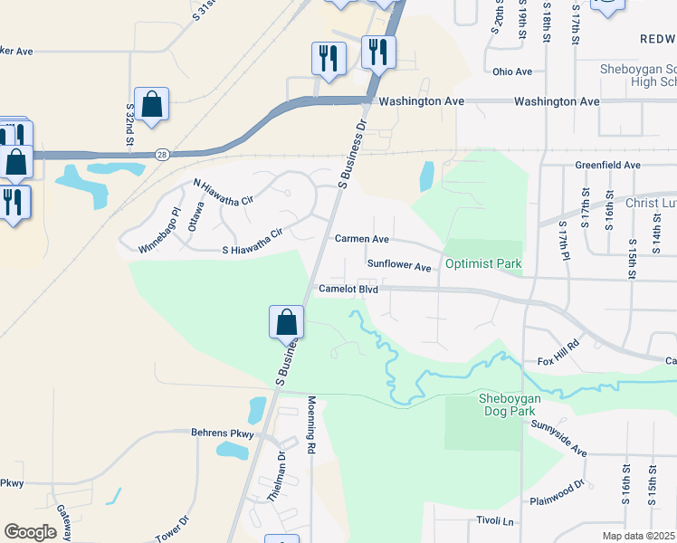 map of restaurants, bars, coffee shops, grocery stores, and more near 2617 Camelot Boulevard in Sheboygan