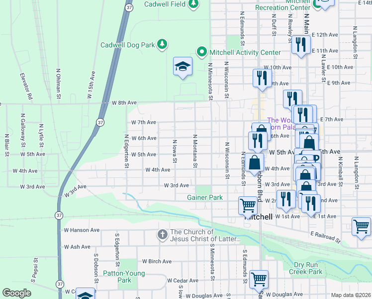 map of restaurants, bars, coffee shops, grocery stores, and more near 811 West 5th Avenue in Mitchell