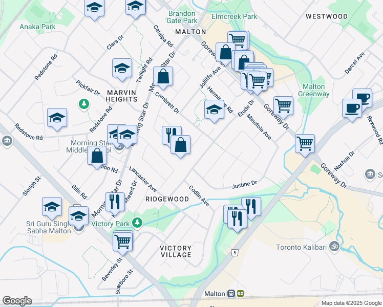 map of restaurants, bars, coffee shops, grocery stores, and more near 7200 Shallford Road in Mississauga