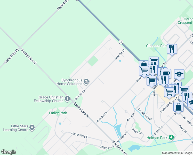 map of restaurants, bars, coffee shops, grocery stores, and more near 0104 Side Road 18 in Centre Wellington