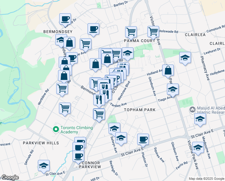map of restaurants, bars, coffee shops, grocery stores, and more near in Toronto