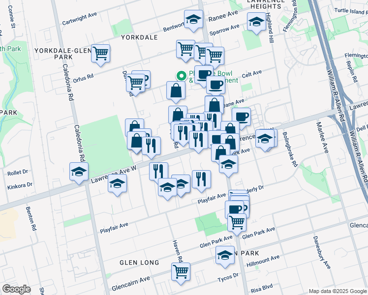 map of restaurants, bars, coffee shops, grocery stores, and more near 3 Good Shepherd Court in Toronto