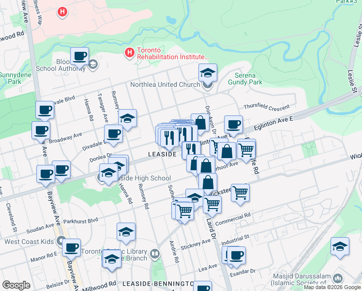 map of restaurants, bars, coffee shops, grocery stores, and more near 220 Laird Drive in Toronto