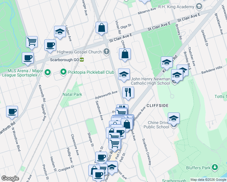 map of restaurants, bars, coffee shops, grocery stores, and more near 478 Aylesworth Avenue in Toronto