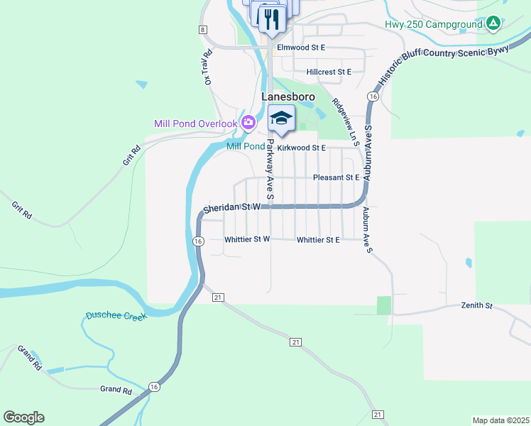 map of restaurants, bars, coffee shops, grocery stores, and more near 709 Parkway Avenue South in Lanesboro